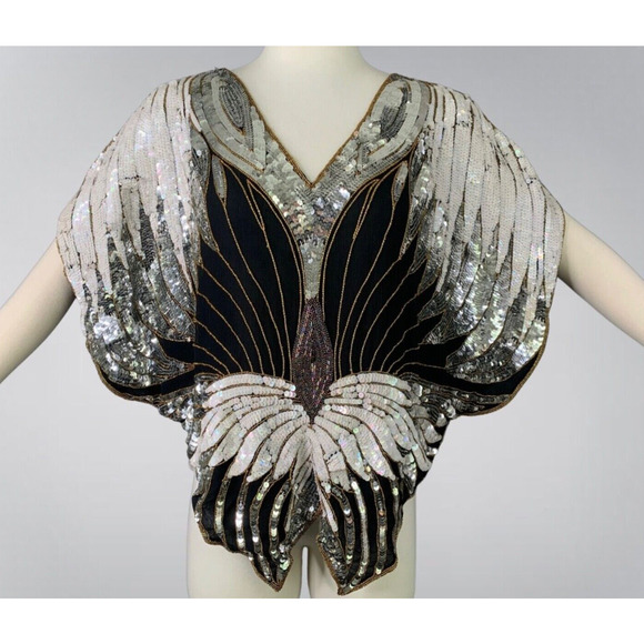 80s Lillie Rubin Evening Black White & Silver Sequins & Beads Butterfly Top - Picture 1 of 6